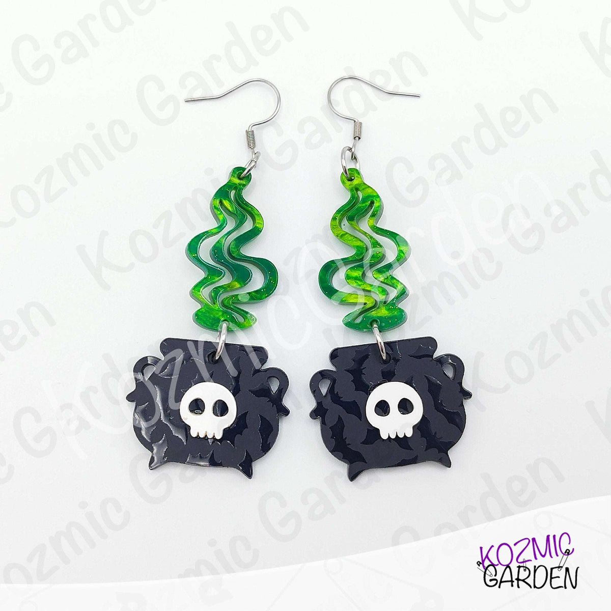 Witch’s Cauldron Earrings – Green Magic Smoke & Bat Acrylic Jewelry