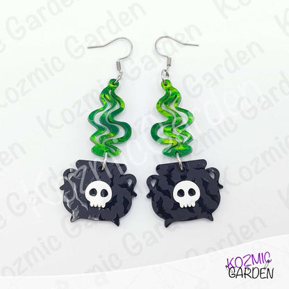 Witch’s Cauldron Earrings – Green Magic Smoke & Bat Acrylic Jewelry