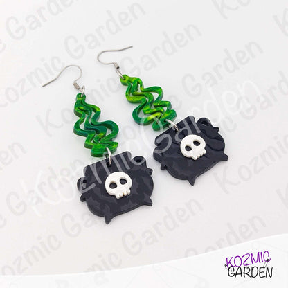 Witch’s Cauldron Earrings – Green Magic Smoke & Bat Acrylic Jewelry