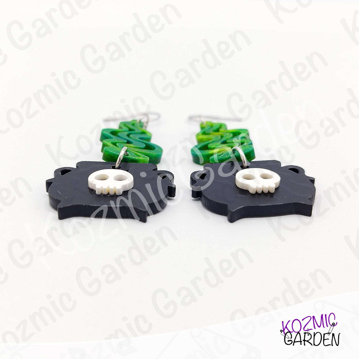 Witch’s Cauldron Earrings – Green Magic Smoke & Bat Acrylic Jewelry
