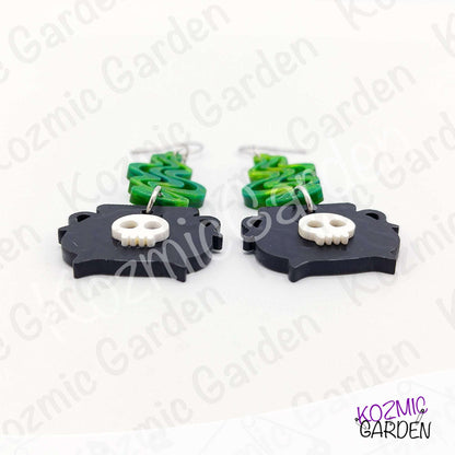Witch’s Cauldron Earrings – Green Magic Smoke & Bat Acrylic Jewelry