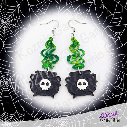Witch’s Cauldron Earrings – Green Magic Smoke & Bat Acrylic Jewelry