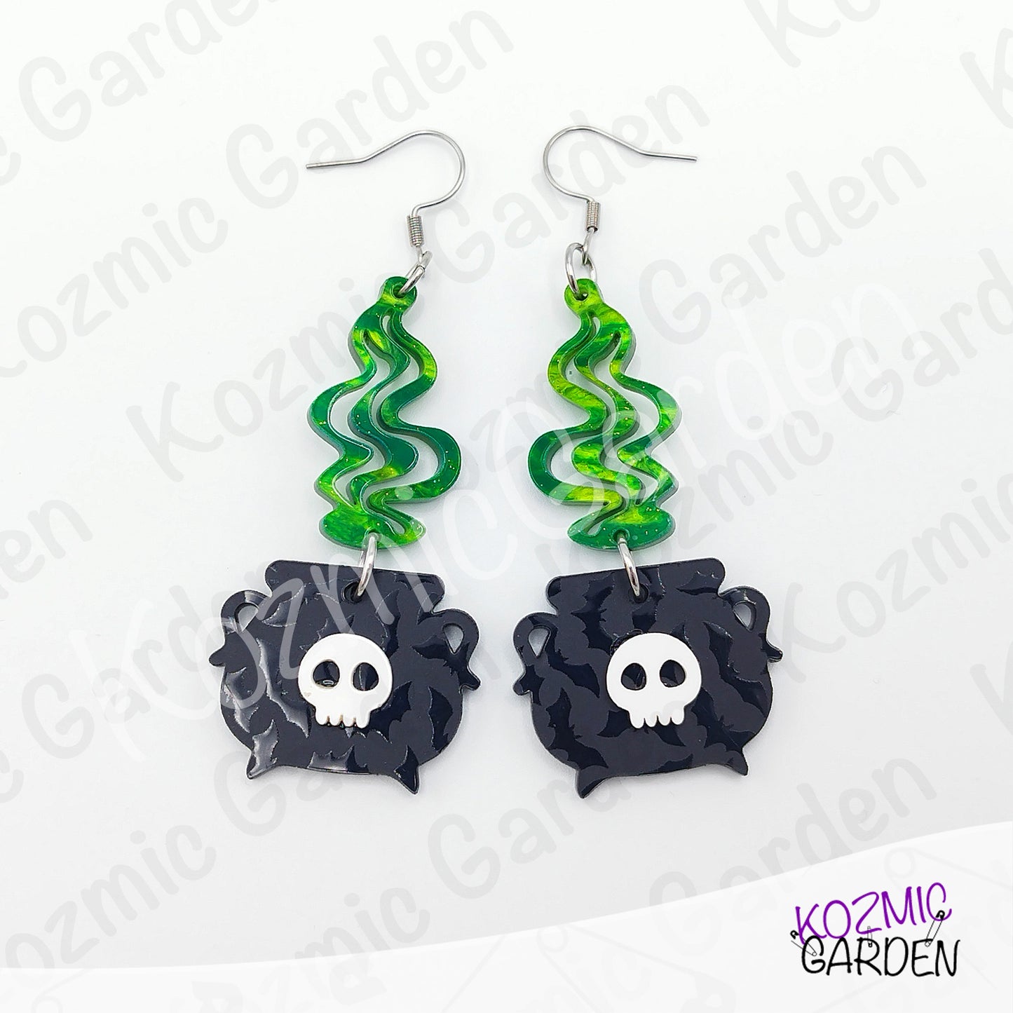 Witch’s Cauldron Earrings – Green Magic Smoke & Bat Acrylic Jewelry