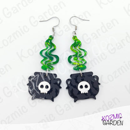 Witch’s Cauldron Earrings – Green Magic Smoke & Bat Acrylic Jewelry