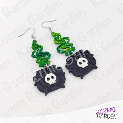 Witch’s Cauldron Earrings – Green Magic Smoke & Bat Acrylic Jewelry