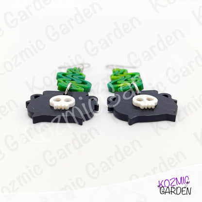 Witch’s Cauldron Earrings – Green Magic Smoke & Bat Acrylic Jewelry