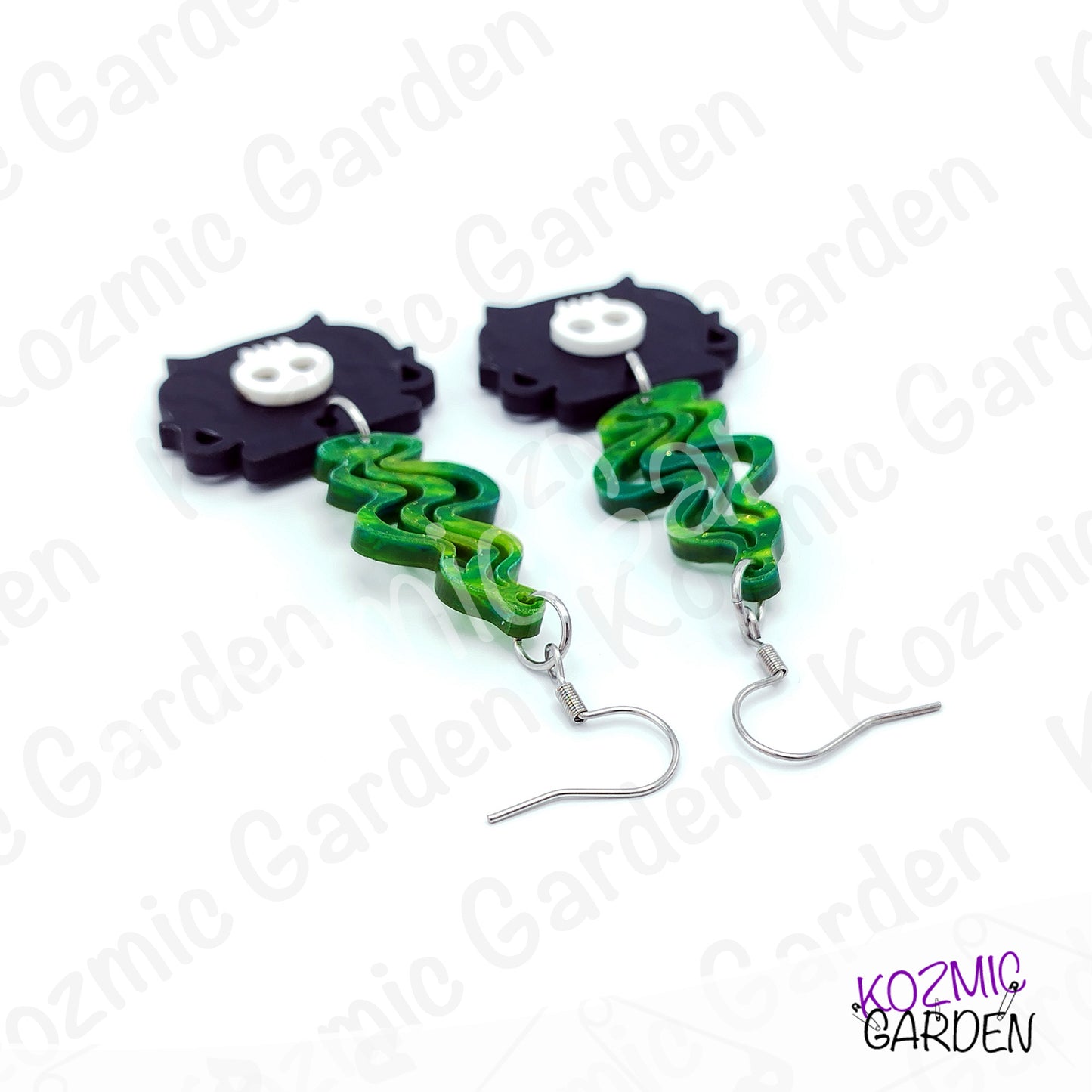 Witch’s Cauldron Earrings – Green Magic Smoke & Bat Acrylic Jewelry