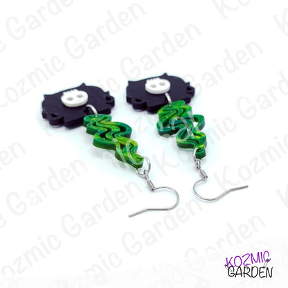 Witch’s Cauldron Earrings – Green Magic Smoke & Bat Acrylic Jewelry