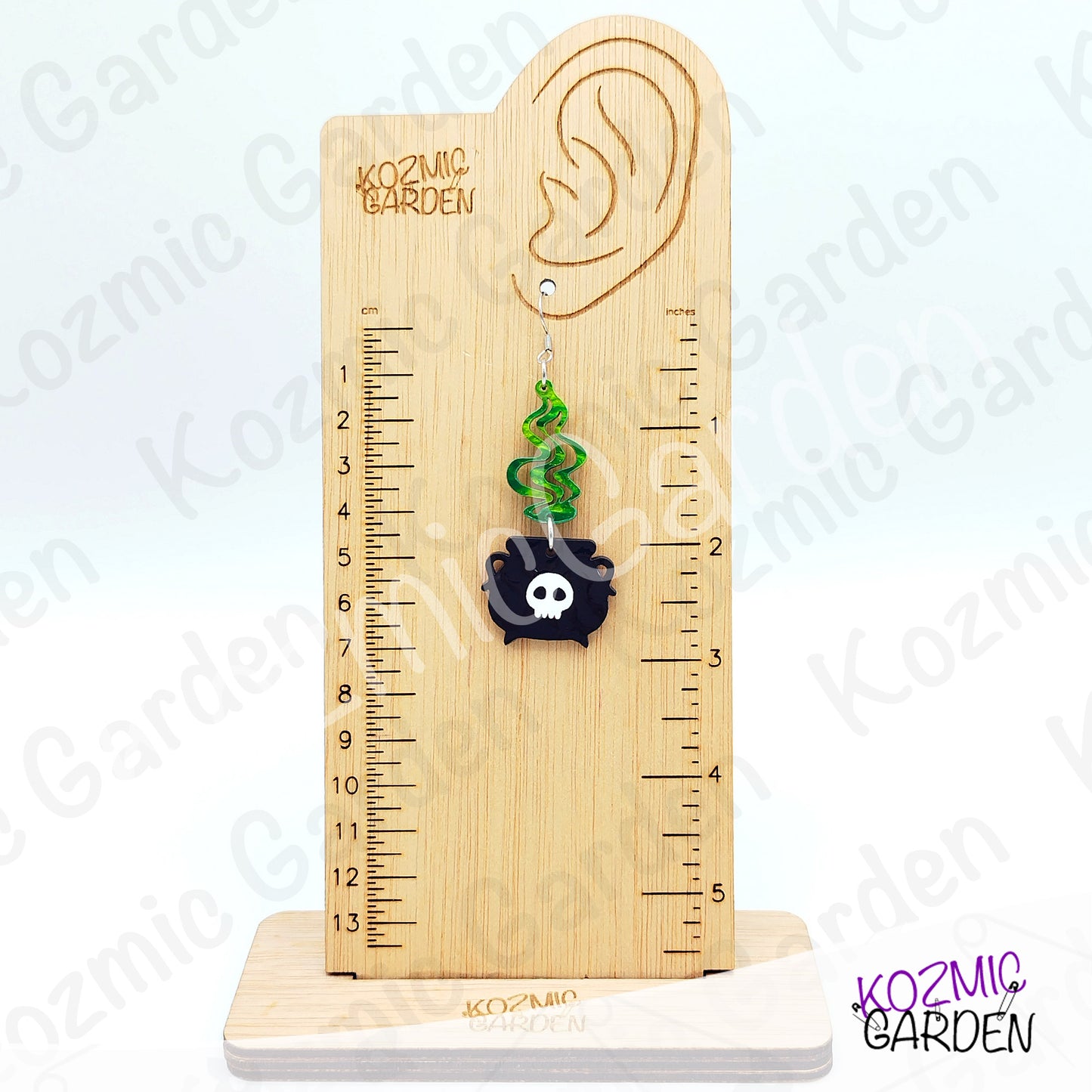 Witch’s Cauldron Earrings – Green Magic Smoke & Bat Acrylic Jewelry