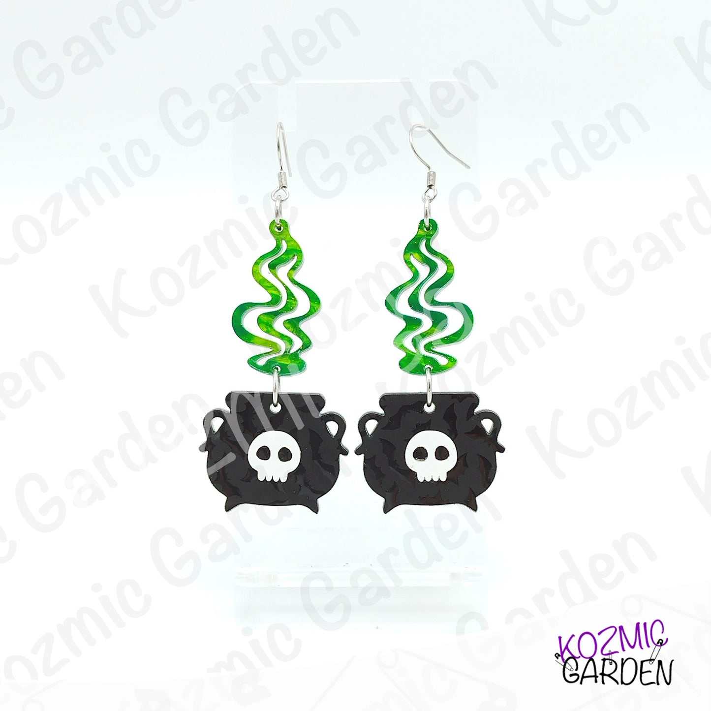 Witch’s Cauldron Earrings – Green Magic Smoke & Bat Acrylic Jewelry