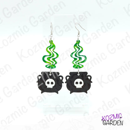 Witch’s Cauldron Earrings – Green Magic Smoke & Bat Acrylic Jewelry