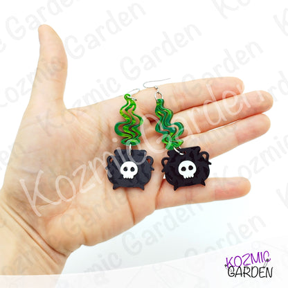 Witch’s Cauldron Earrings – Green Magic Smoke & Bat Acrylic Jewelry