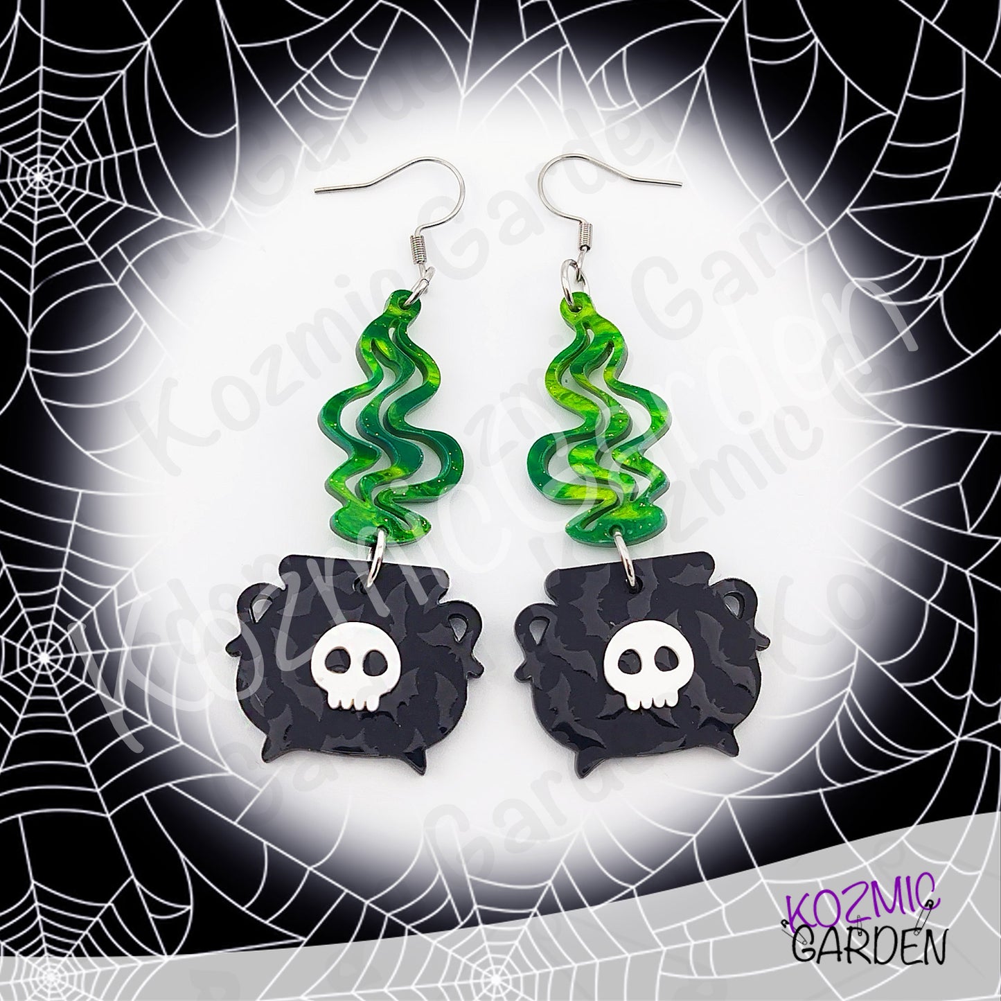 Witch’s Cauldron Earrings – Green Magic Smoke & Bat Acrylic Jewelry