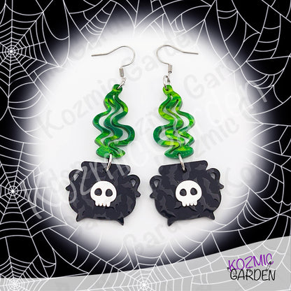 Witch’s Cauldron Earrings – Green Magic Smoke & Bat Acrylic Jewelry