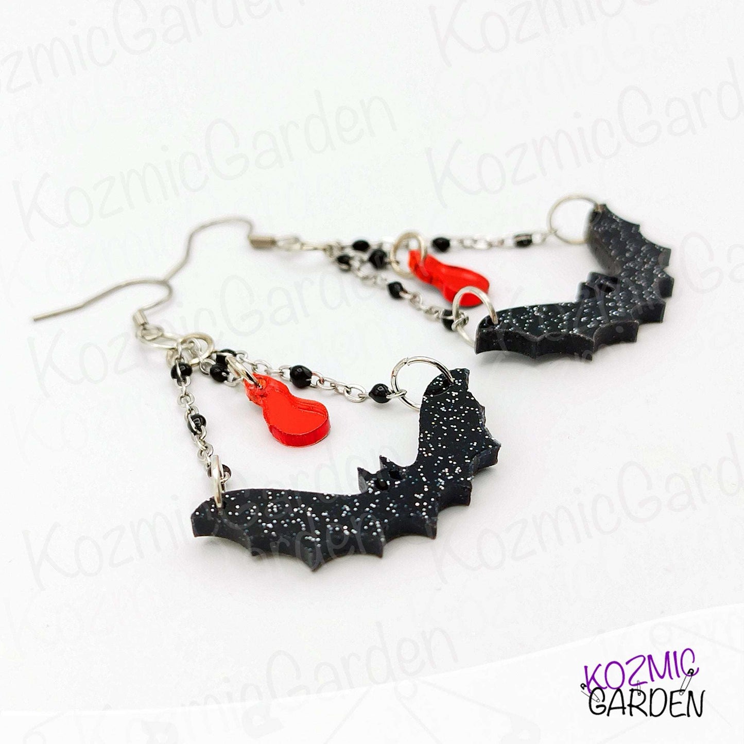 Batty & Bloody: Glittery Gothic Bat Dangles with Chains & Mirror Blood Drop
