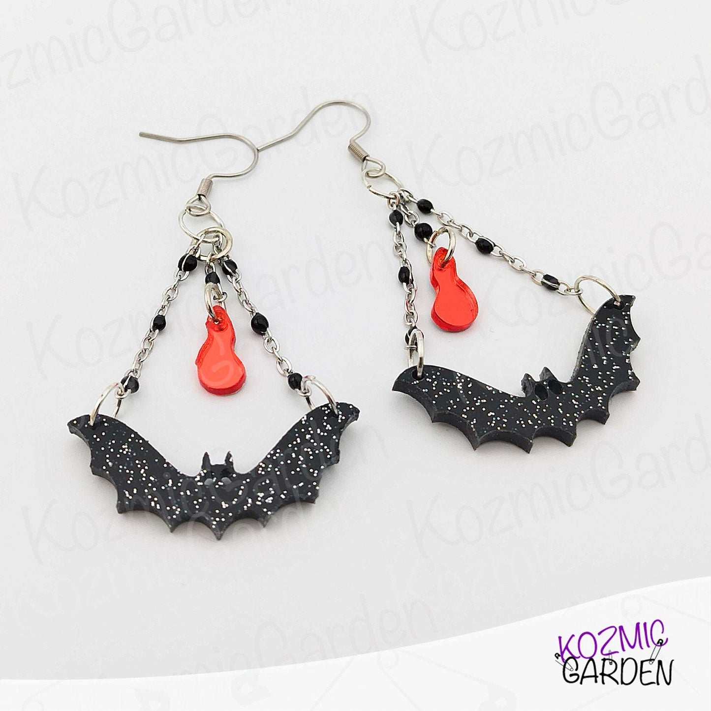 Batty & Bloody: Glittery Gothic Bat Dangles with Chains & Mirror Blood Drop