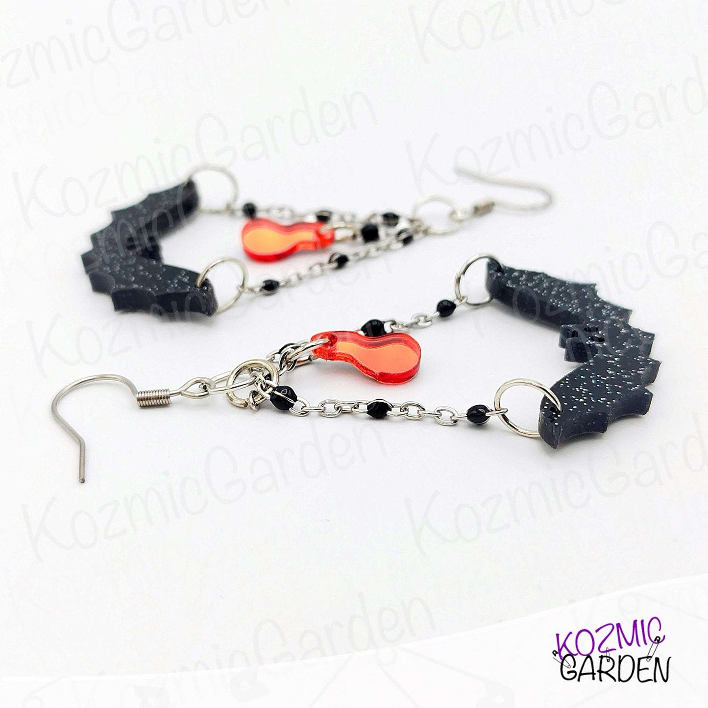 Batty & Bloody: Glittery Gothic Bat Dangles with Chains & Mirror Blood Drop