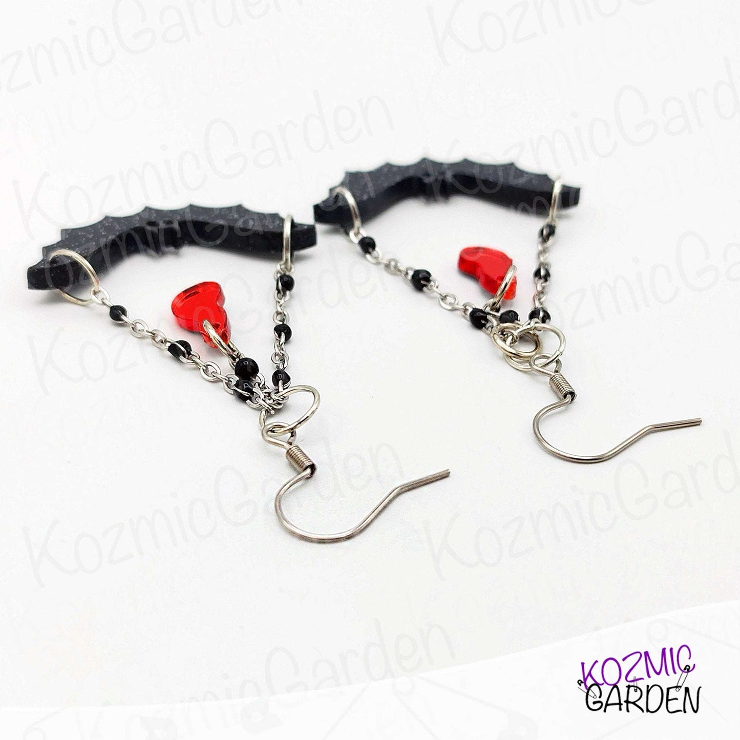 Batty & Bloody: Glittery Gothic Bat Dangles with Chains & Mirror Blood Drop