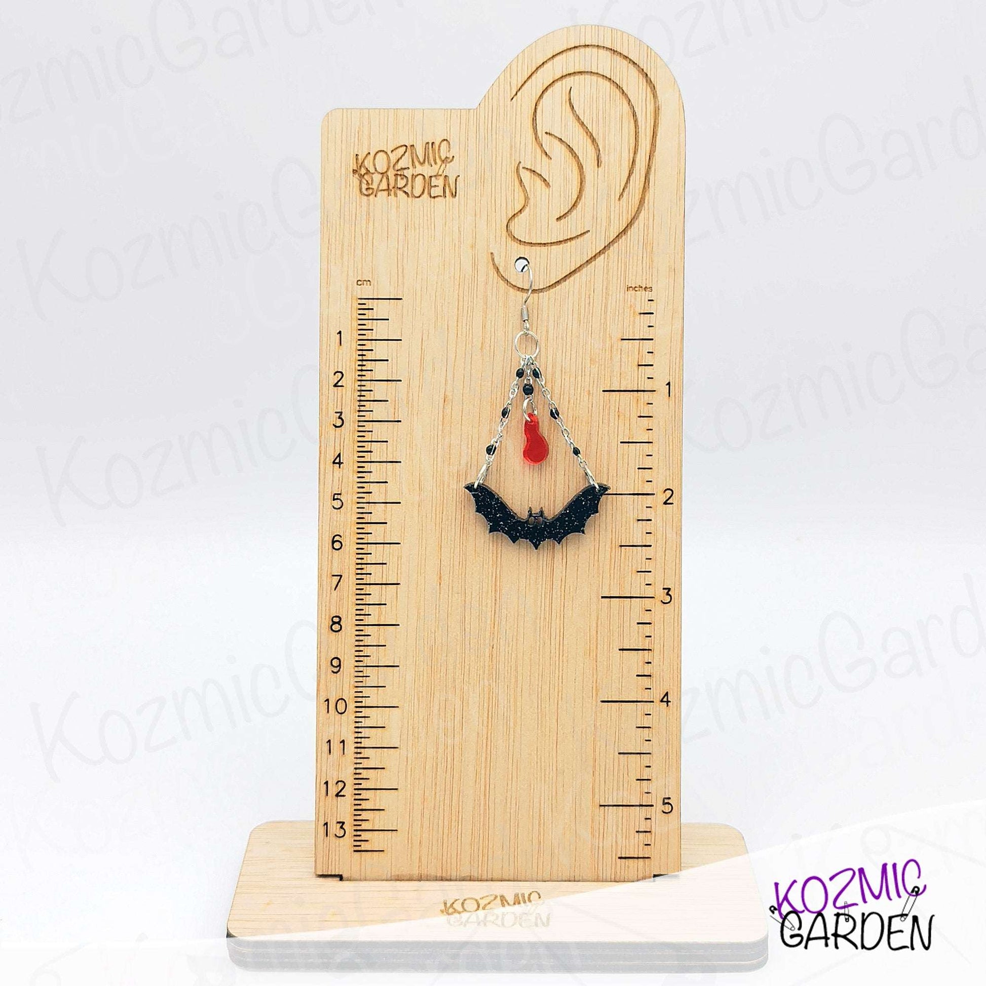 Batty & Bloody: Glittery Gothic Bat Dangles with Chains & Mirror Blood Drop