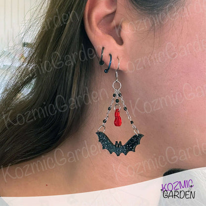 Batty & Bloody: Glittery Gothic Bat Dangles with Chains & Mirror Blood Drop