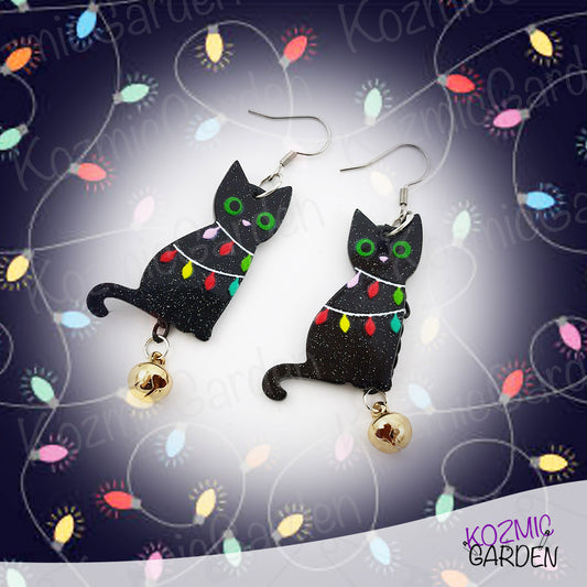 Black Cat Christmas Earrings with Jingle Bell – Festive Holiday Jewelry for Cat Lovers