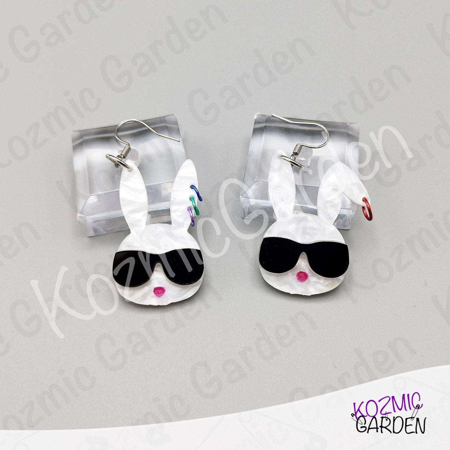 Cool Bunny Earrings with Sunglasses & Piercings – Funny Rabbit Head Laser-Cut Acrylic