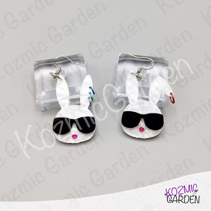 Cool Bunny Earrings with Sunglasses & Piercings – Funny Rabbit Head Laser-Cut Acrylic