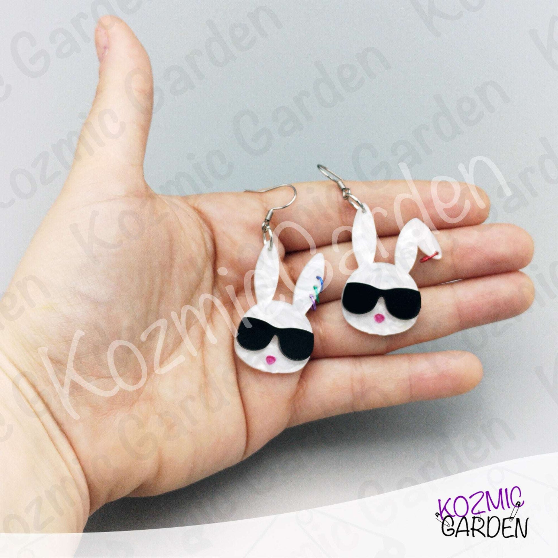 Cool Bunny Earrings with Sunglasses & Piercings – Funny Rabbit Head Laser-Cut Acrylic