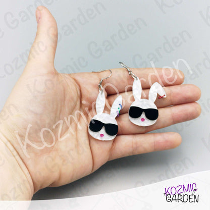 Cool Bunny Earrings with Sunglasses & Piercings – Funny Rabbit Head Laser-Cut Acrylic