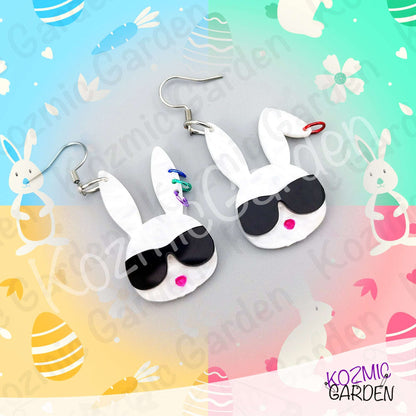 Cool Bunny Earrings with Sunglasses & Piercings – Funny Rabbit Head Laser-Cut Acrylic