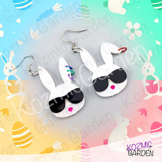 Cool Bunny Earrings with Sunglasses & Piercings – Funny Rabbit Head Laser-Cut Acrylic