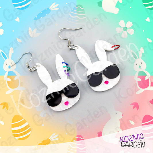Cool Bunny Earrings with Sunglasses & Piercings – Funny Rabbit Head Laser-Cut Acrylic