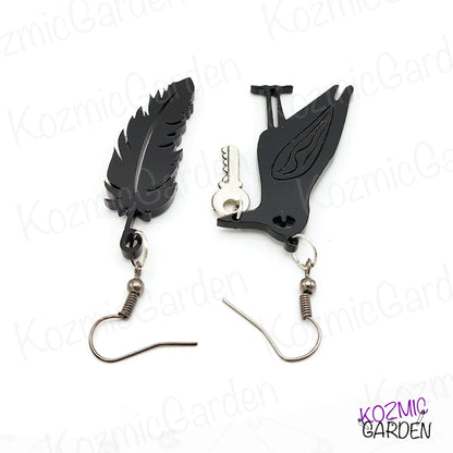 Mismatched Raven Feather Earrings - Unique Gothic Bird Jewelry!