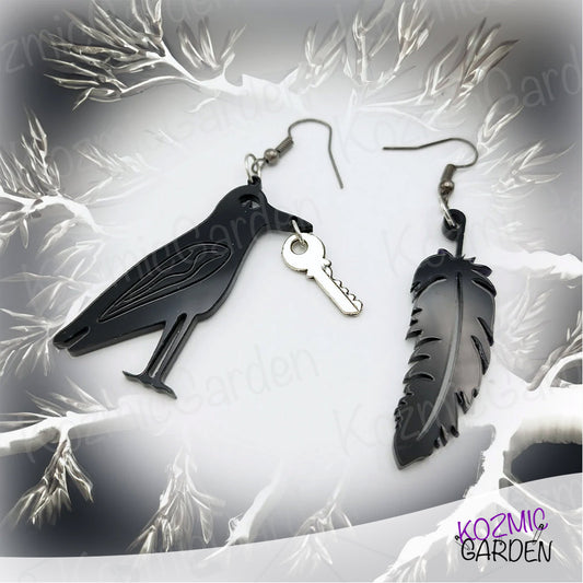 Mismatched Raven Feather Earrings - Unique Gothic Bird Jewelry!