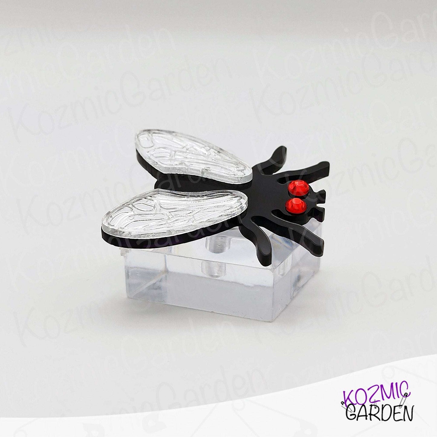 Fly Brooch – Mirrored Silver Wings & Rhinestone Eyes – Insect Pin with Quirky Charm