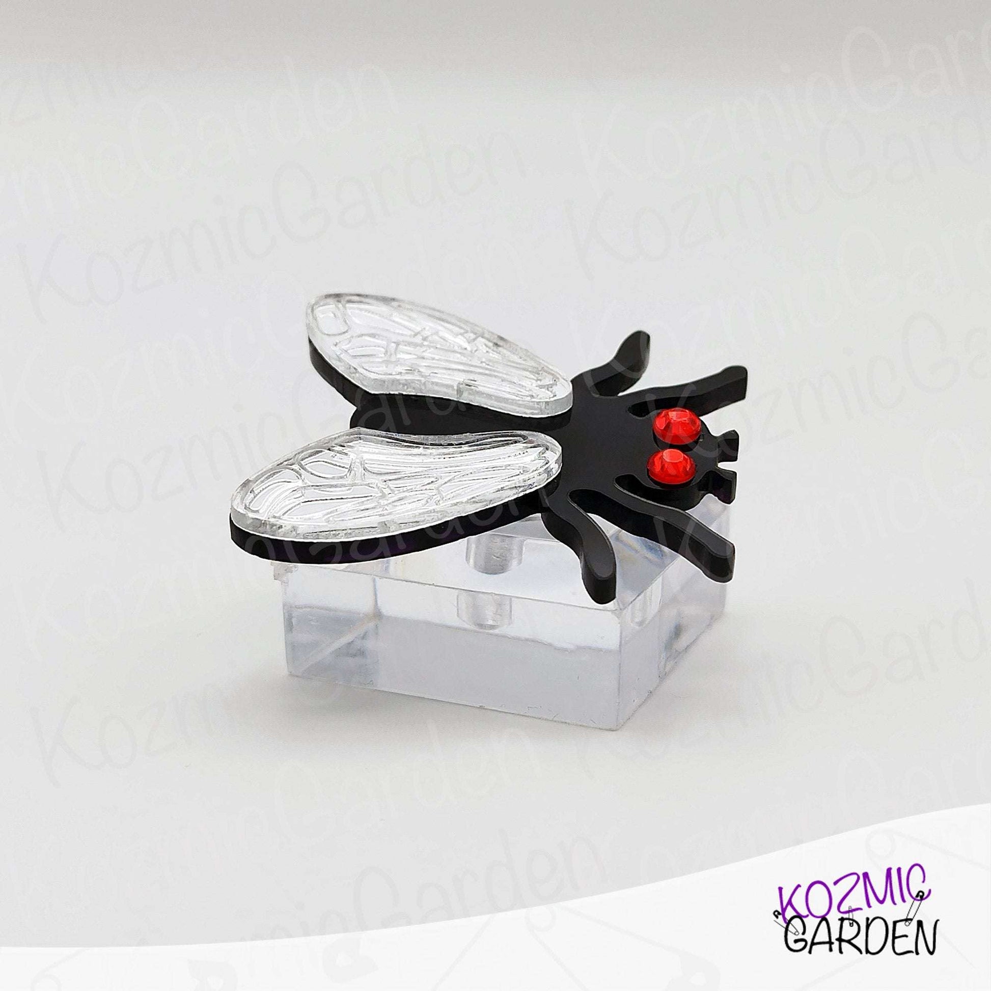 Fly Brooch – Mirrored Silver Wings & Rhinestone Eyes – Insect Pin with Quirky Charm