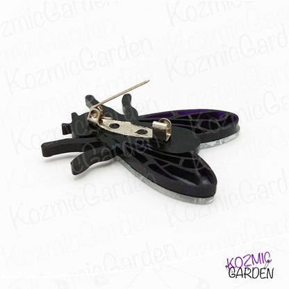 Fly Brooch – Mirrored Silver Wings & Rhinestone Eyes – Insect Pin with Quirky Charm