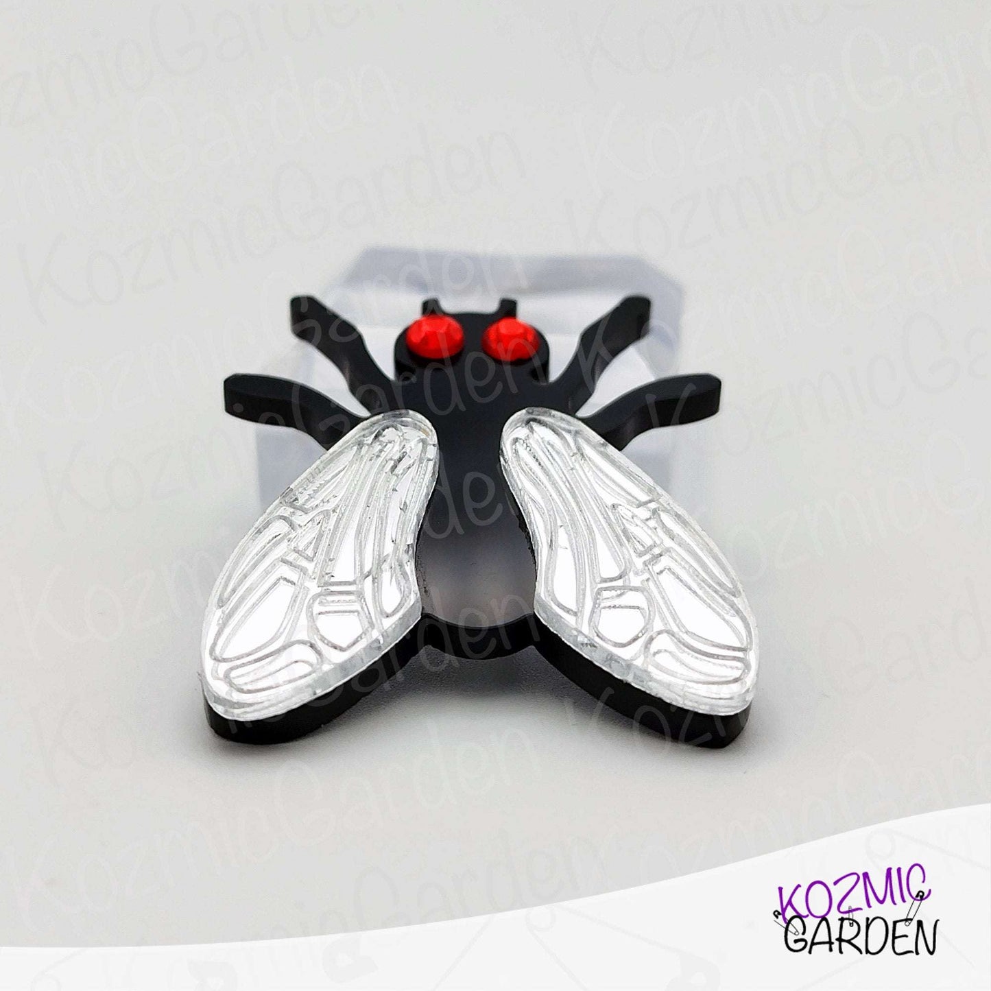 Fly Brooch – Mirrored Silver Wings & Rhinestone Eyes – Insect Pin with Quirky Charm