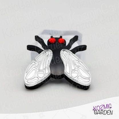 Fly Brooch – Mirrored Silver Wings & Rhinestone Eyes – Insect Pin with Quirky Charm