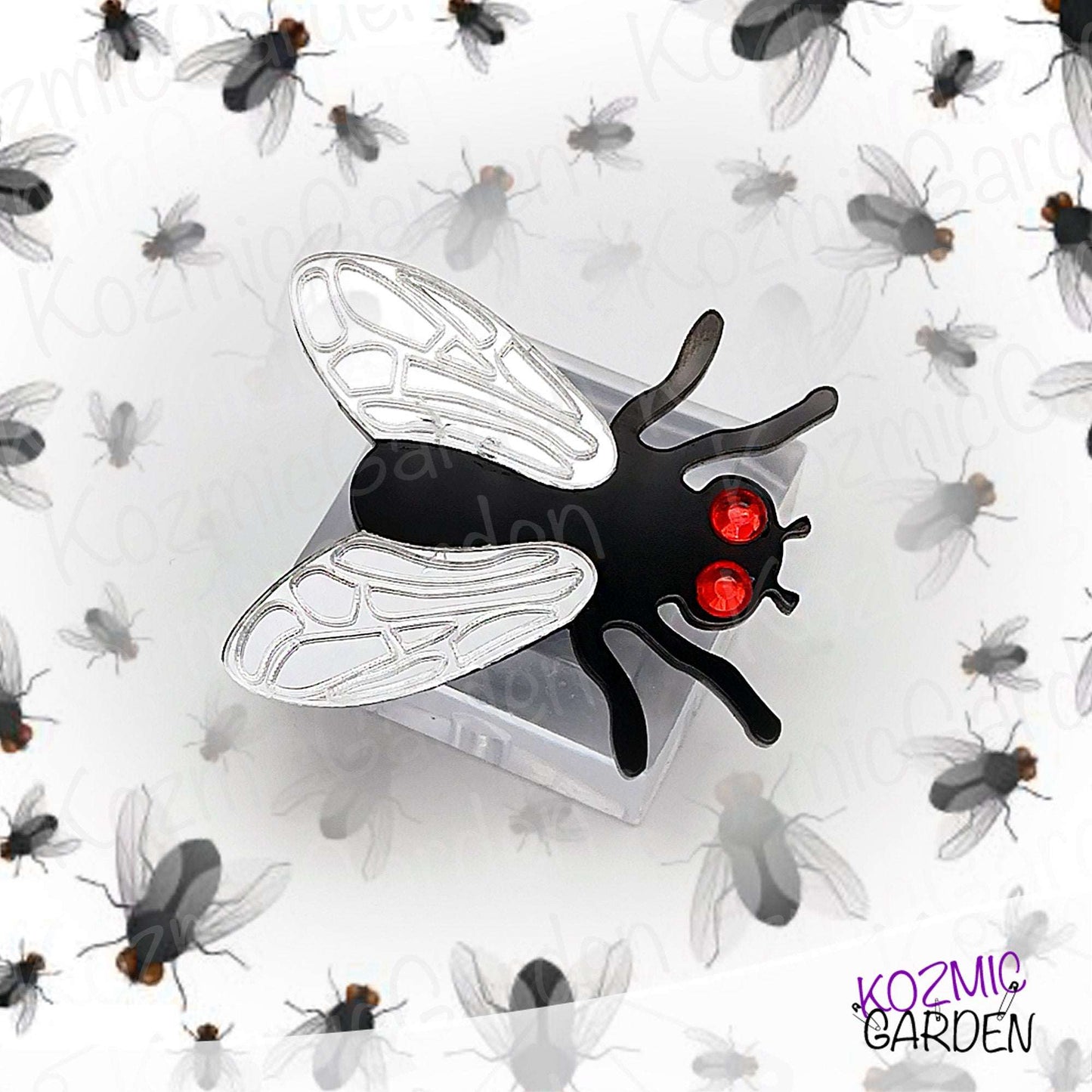 Fly Brooch – Mirrored Silver Wings & Rhinestone Eyes – Insect Pin with Quirky Charm
