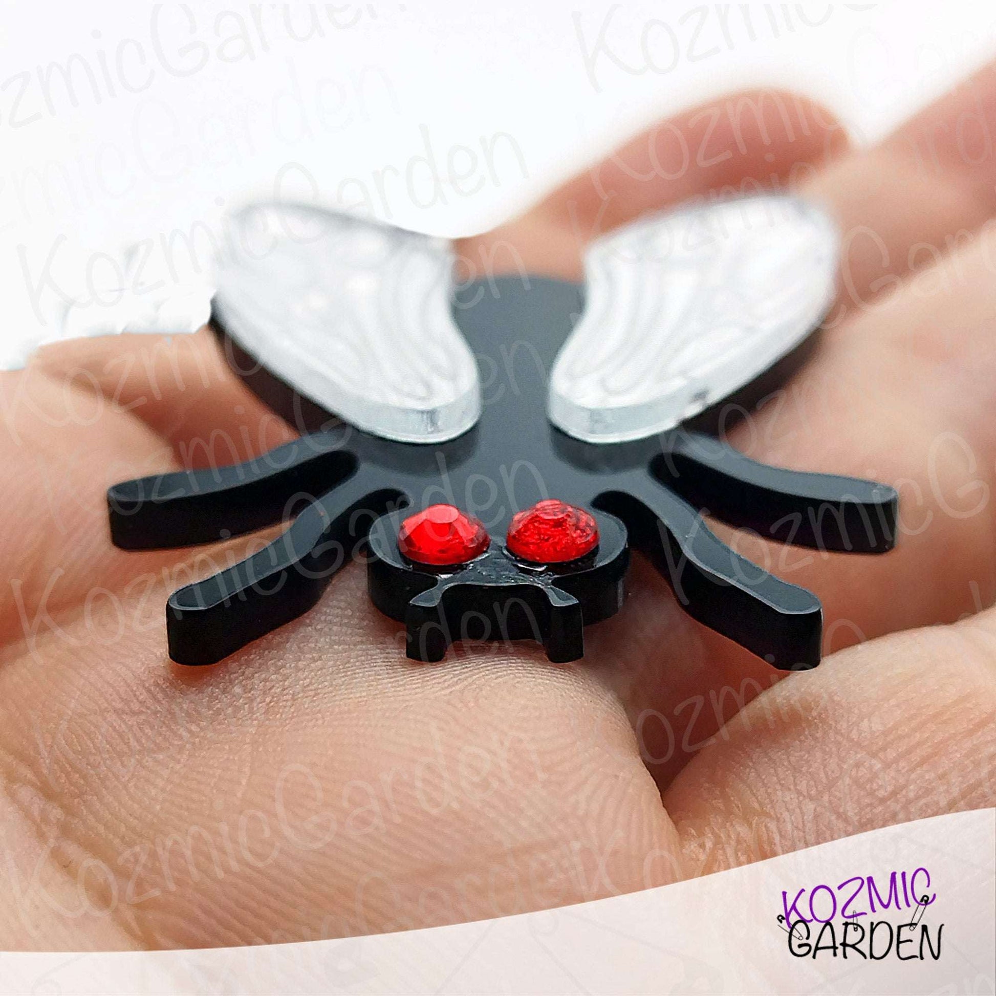 Fly Brooch – Mirrored Silver Wings & Rhinestone Eyes – Insect Pin with Quirky Charm
