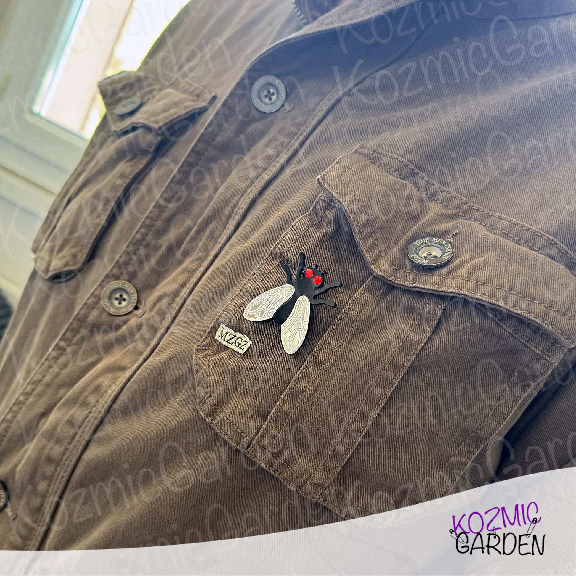 Fly Brooch – Mirrored Silver Wings & Rhinestone Eyes – Insect Pin with Quirky Charm