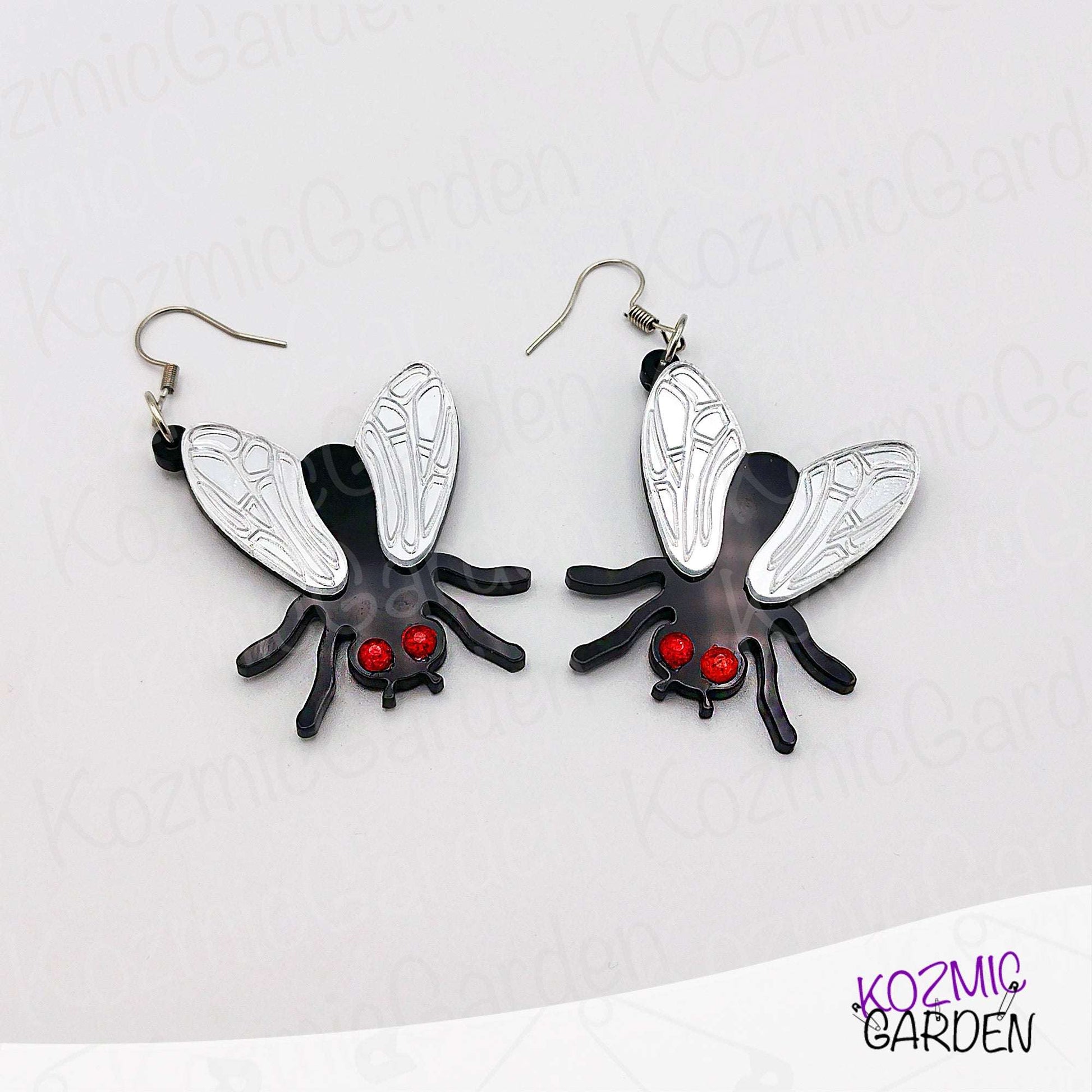 Fun Fly Earrings and Necklace with Mirrored Wings & Red Eyes | Fashion That Flies