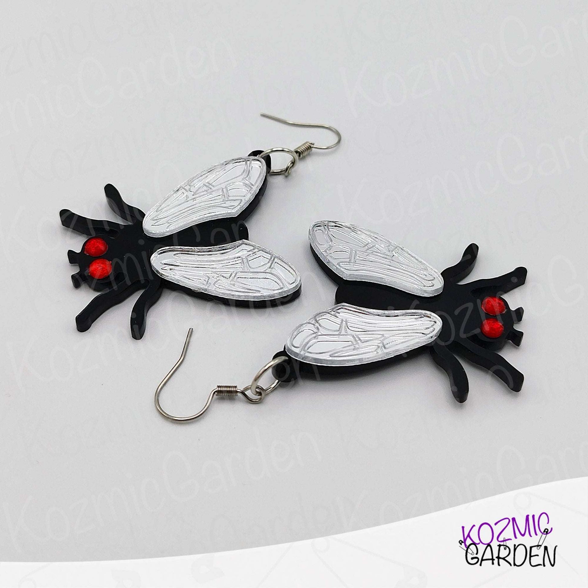 Fun Fly Earrings and Necklace with Mirrored Wings & Red Eyes | Fashion That Flies