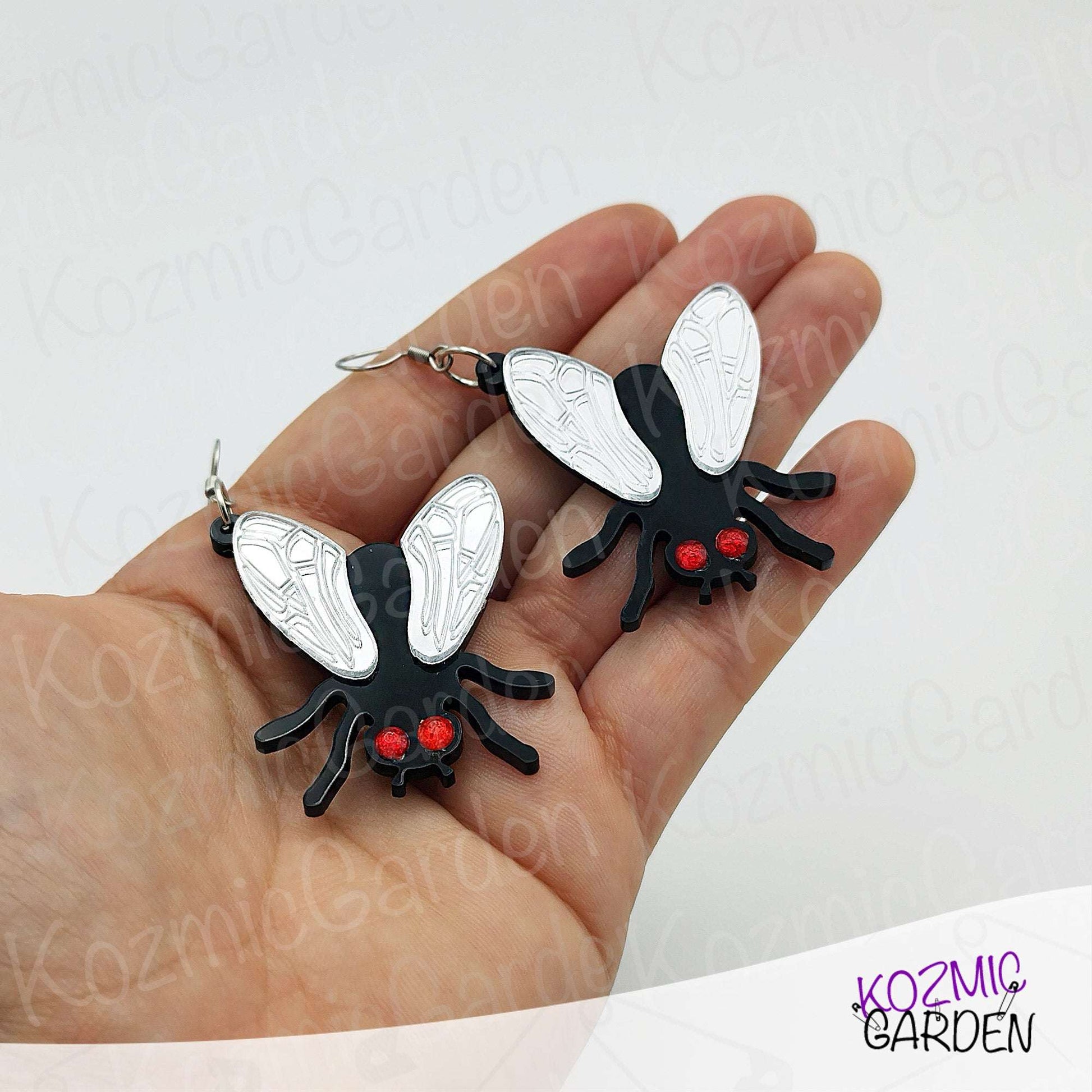 Fun Fly Earrings and Necklace with Mirrored Wings & Red Eyes | Fashion That Flies