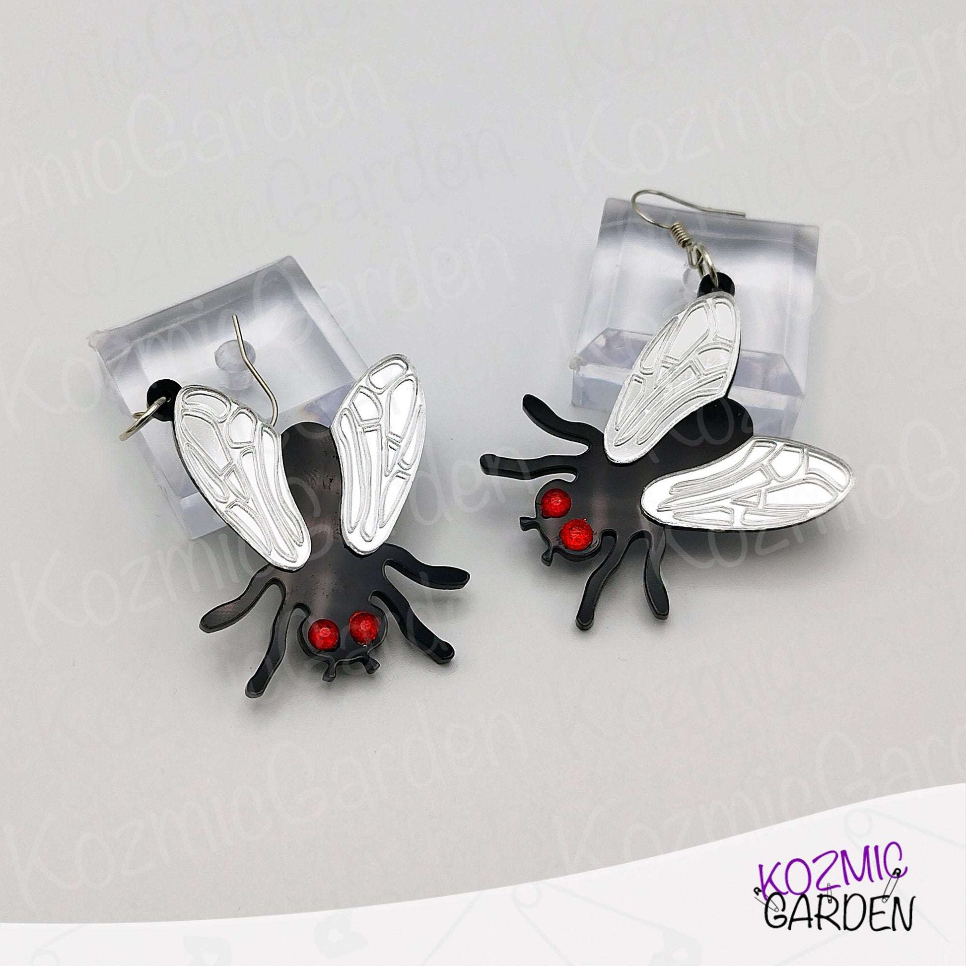Fun Fly Earrings and Necklace with Mirrored Wings & Red Eyes | Fashion That Flies