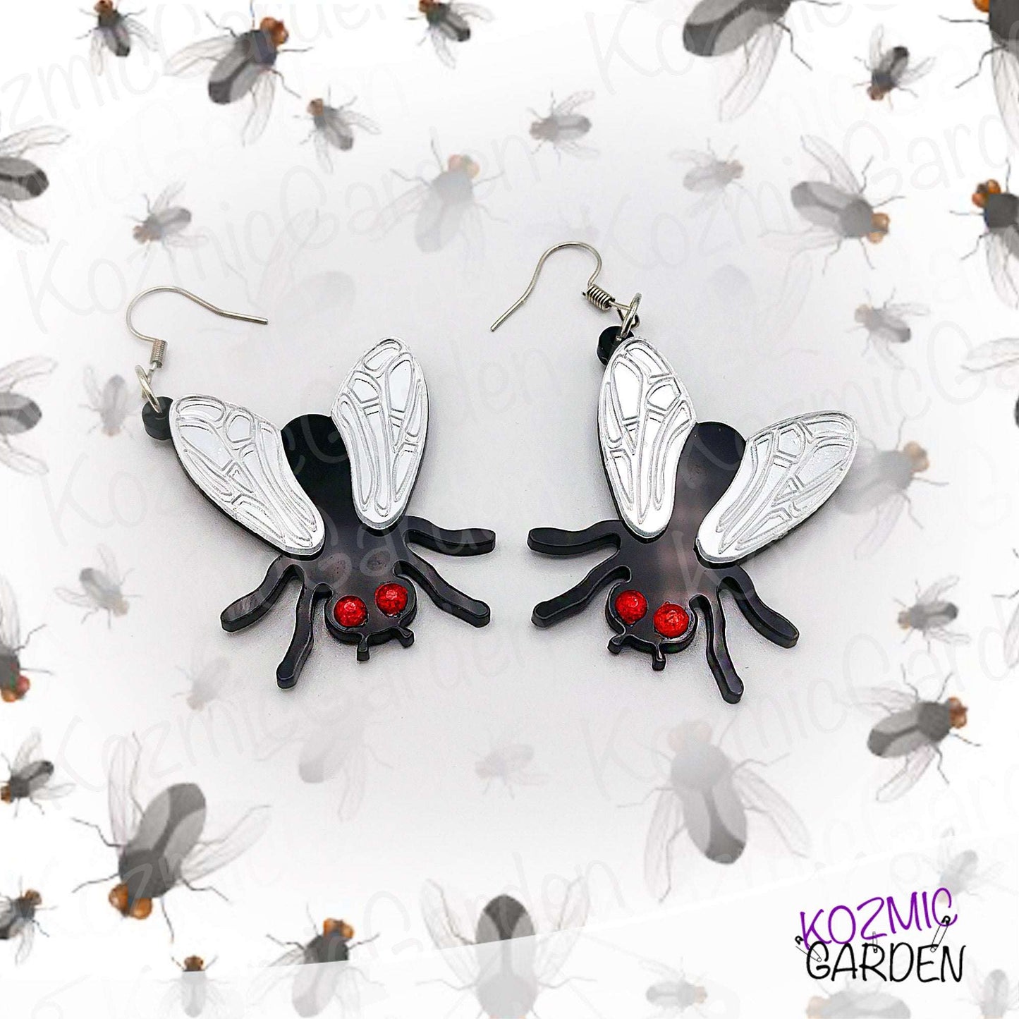 Fun Fly Earrings and Necklace with Mirrored Wings & Red Eyes | Fashion That Flies