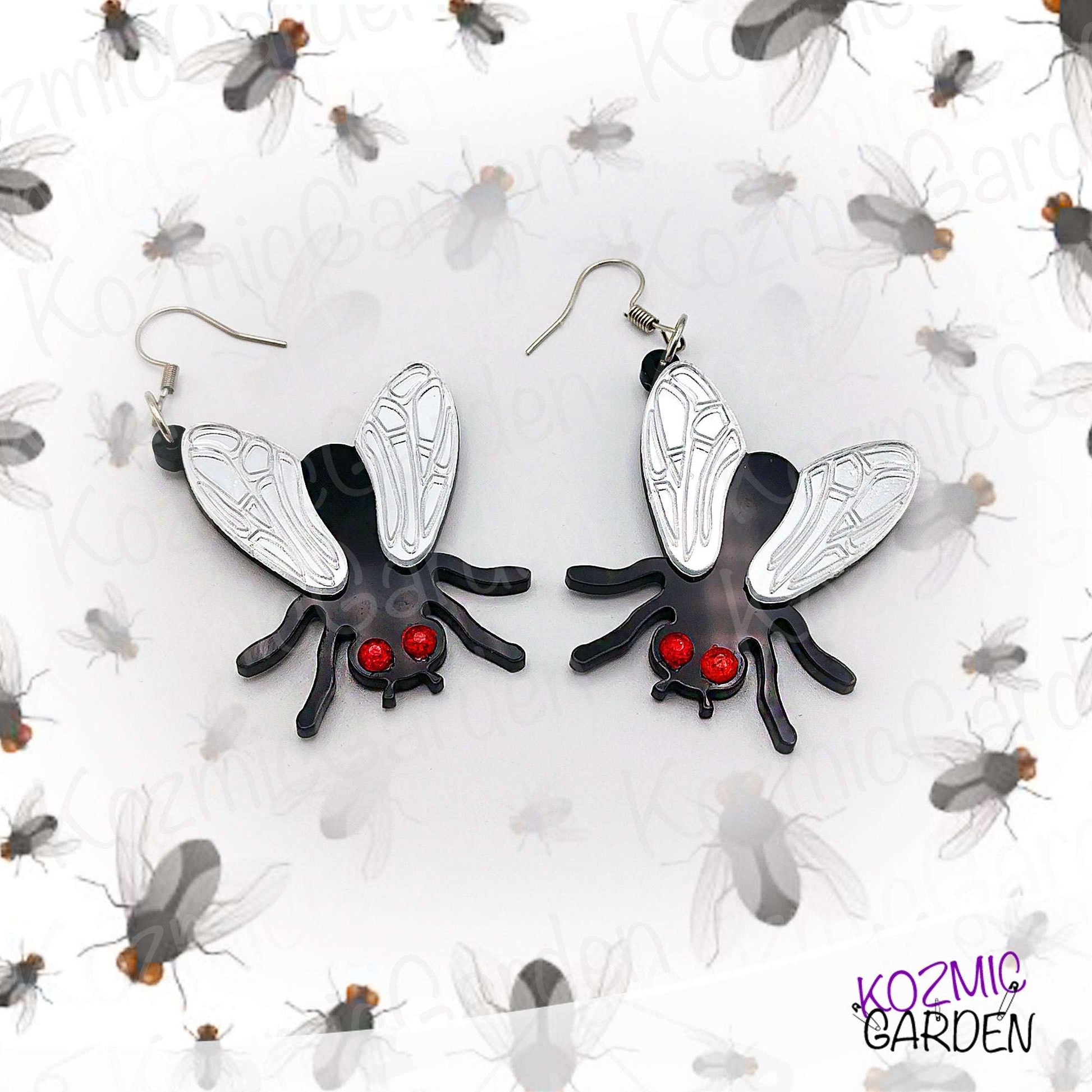 Fun Fly Earrings and Necklace with Mirrored Wings & Red Eyes | Fashion That Flies