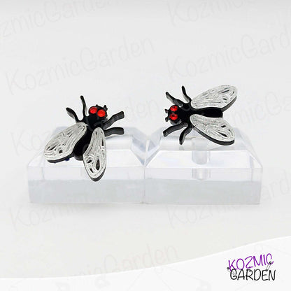 Fly Stud Earrings – Mirrored Silver Wings & Sparkling Rhinestone Eyes – Quirky Bug Jewelry