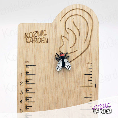 Fly Stud Earrings – Mirrored Silver Wings & Sparkling Rhinestone Eyes – Quirky Bug Jewelry